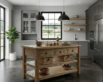 Isola da cucina rustica in legno realizzata a mano su misura – Tavolo in stile rustico con bordo naturale e ripiano portaoggetti.