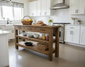Custom Handmade Rustic Wooden Kitchen Island – Farmhouse Style Live Edge Table with Storage Shelf
