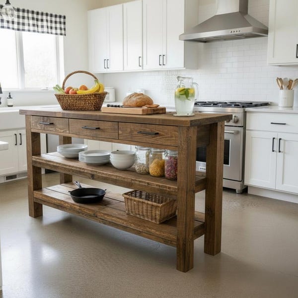 Custom Handmade Rustic Wooden Kitchen Island – Farmhouse Style Live Edge Table with Storage Shelf