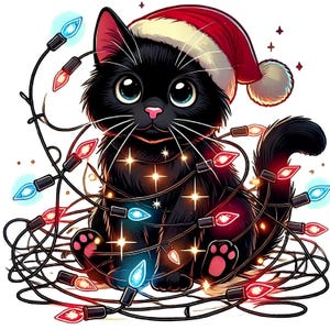 Puede incluir: Un gato negro con un gorro de Papá Noel rojo está enredado en una cadena de luces navideñas. Las luces son rojas, azules y blancas. El gato tiene grandes ojos azules y una nariz rosa.