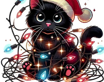Black Cat Christmas PNG: Tangled Lights Digital Download