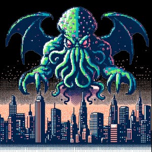 May include: A pixelated illustration of Cthulhu, a fictional cosmic horror monster, with tentacles and wings, rising above a cityscape. The monster is green and pink, with red eyes. The city is made up of pixelated buildings in shades of blue, gray, and pink.