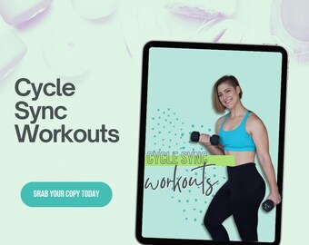 Könnte beinhalten: Der Bildschirm eines digitalen Tablets zeigt eine Frau, die Gewichte hebt, mit dem Text "CYCLE SYNC WORKOUTS" auf einem blaugrünen Hintergrund mit weißen Punkten. Der Text "GRAB YOUR COPY TODAY" befindet sich auf einem blaugrünen Button unter dem Bild. Der Text "kelseylanedavidson.com" befindet sich am unteren Rand des Bildschirms.