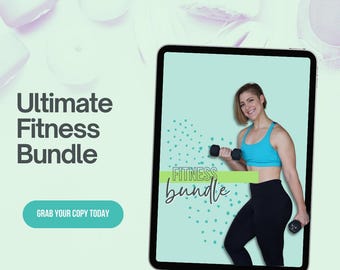 Op de afbeelding: Een advertentie voor een fitnessbundel. De afbeelding toont een tablet met een vrouw in sportkleding die dumbbells vasthoudt. Het tabletscherm heeft de woorden "Fitness Bundle" en de achtergrond is lichtblauw met groene stippen. De tekst "Ultimate Fitness Bundle" staat links.