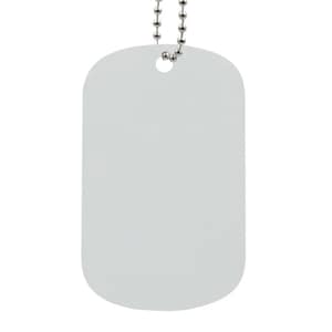 May include: A blank, light gray dog tag with rounded corners, suspended by a silver ball chain. The tag is rectangular with a hole at the top for the chain. The background is plain white.