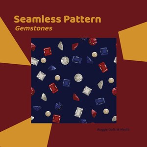 Könnte beinhalten: Nahtloses Musterdesign mit roten, blauen, silbernen und goldenen Edelsteinen, die auf einem dunkelblauen Hintergrund verstreut sind. Der Text "Seamless Pattern Gemstones" wird oben links angezeigt.
