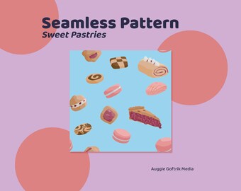 Może przedstawiać: Bezszwowy wzór z różnymi słodkimi wypiekami, w tym ciasteczkami, makaronikami i kawałkami ciasta, na jasnoniebieskim tle. Projekt zawiera tekst "Seamless Pattern Sweet Pastries" i "Auggie Goftrik Media".