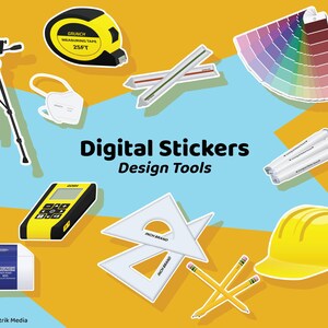 Puede incluir: Una colección de pegatinas digitales para herramientas de diseño, que incluye una cinta métrica amarilla, un nivel láser amarillo y negro, un transportador blanco, un juego de lápices amarillos, un casco amarillo, una máscara facial blanca, un trípode negro, una paleta de colores y un juego de marcadores blancos.