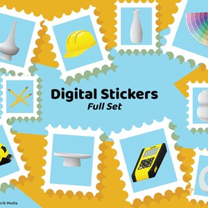 Puede incluir: Un conjunto de pegatinas digitales que presentan varios objetos, incluyendo un casco amarillo, un jarrón blanco, una cinta métrica, un juego de lápices, una muestra de color de pintura, un plato blanco, una herramienta de medición digital y un anillo blanco. Las pegatinas están dispuestas en una cuadrícula sobre un fondo amarillo con bordes azules y verdes. El texto "Digital Stickers Full Set" se muestra en el centro de la imagen.