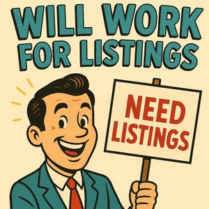 Will Work for Listings Real Estate Wall Art – Retro Realtor Office Decor, Funny Agent Sign, Vintage Cartoon Poster, Real Estate Gifts