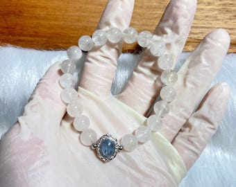 Pulsera de cuentas de cristal y gemas de la suerte de 8 mm con diseño de Superivee, color blanco fantasma y aguamarina.