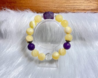 Pulsera de cuentas de nefrita amarilla y strengita morada: diseño de cristales de piedras preciosas