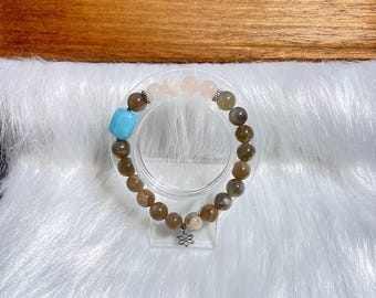 Pulsera Superivee con cuentas de cristal y piedras preciosas de aguamarina genuina, cuarzo rosa y piedra lunar.