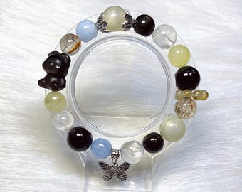 Multi Lucky Gemstone Beaded Bracelet: Aquamarine, Citrine, Obsidian and Quartz