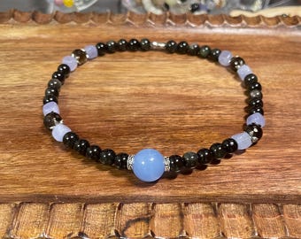 Collar Superivee con piedras preciosas de obsidiana genuina, aguamarina, cuarzo ahumado y cuentas de cristal sherpa