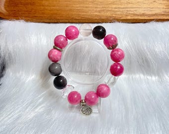 Pulsera Superivee con cuentas de cristal y piedras preciosas de rodocrosita, obsidiana y cuarzo rosa auténticas de 14 mm.