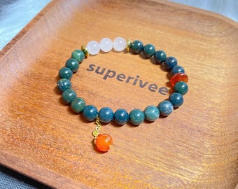 Pulsera de piedra de la suerte: Pulsera de cuentas de piedra de sangre con cuarzo rosa y ágata roja