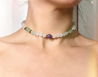 Gargantilla con piedras preciosas genuinas de Strengite y jade nefrita de terahercios de Superivee