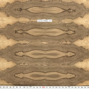 May include: Four pieces of wood veneer with a unique grain pattern. The wood is light brown with darker brown streaks. The veneer is labeled "Q231466-11".