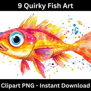 9 Quirky Fish Illustrations Funny Fish Art, Cute Fish Ocean Clipart, PNG Quirky Fish Clip Art, Watercolor Clipart, Junk Journal, Scrapbook