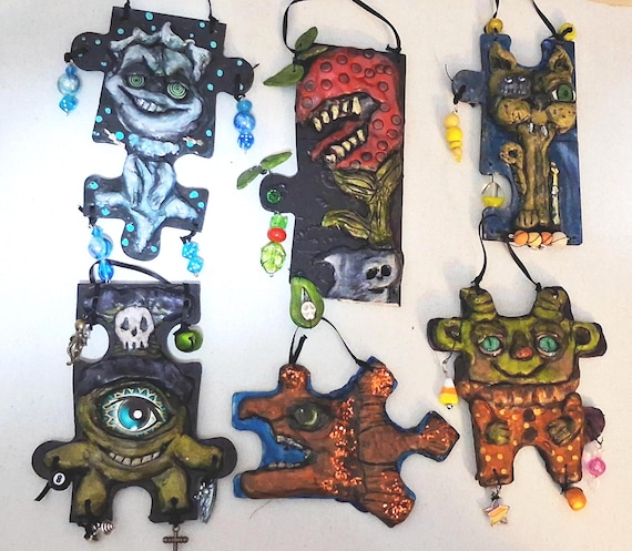 Halloween Ornament Set OOAK Art Puzzle Pieces Ornaments Handmade by me