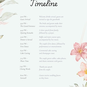 May include: A wedding reception timeline card featuring floral illustrations in pink and green. The text lists events from 3:00 PM to 8:00 PM, including guest arrival, dinner, and cake cutting. The names Natalie and Even are printed at the bottom.