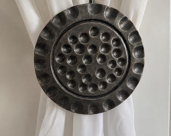 Hammered Iron Drapery Medallion: Contemporary Curtain Tieback, Window Accent - 4" DIAMETER