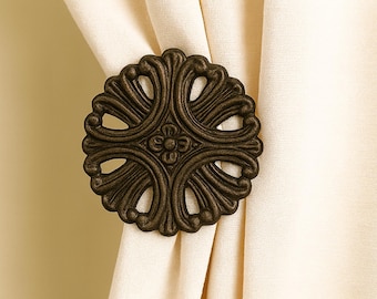 Lattice Bloom Iron Inspired Drapery Medallion, Curtain Holdback, Window Treatment Hardware - 3-3/4" Diameter