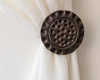 Hammered Iron Drapery Medallion: Contemporary Curtain Tieback, Window Accent - 4" DIAMETER