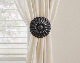 Ruffled Drapery Medallion: Contemporary Curtain Tieback - Blackened Bronze Finish - 4" DIAMETER