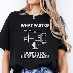 May include: A black t-shirt with a white graphic of a refrigeration system diagram and the text "What part of... don't you understand?"