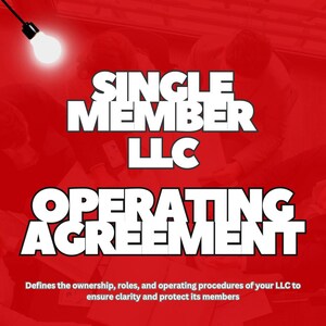 May include: A red background with a white lightbulb at the top. The text "SINGLE MEMBER LLC OPERATING AGREEMENT" is in white bold letters. The text below reads "Defines the ownership, roles, and operating procedures of your LLC to ensure clarity and protect its members."