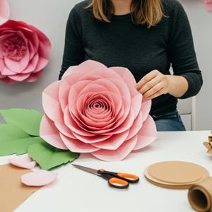 May include: A large, light pink paper rose with detailed petals is the focal point. Green paper leaves and pink petals are arranged on a white surface. A pair of scissors with orange handles and craft supplies are also visible.
