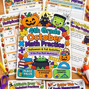 Puede incluir: Una portada de cuaderno de ejercicios 4th Grade October Math Practice con una calabaza, un monstruo de Frankenstein, un caldero y hojas de otoño. El texto dice 4th Grade October Math Practice, Halloween & Fall Activities y 10 No-Prep Math Worksheets.