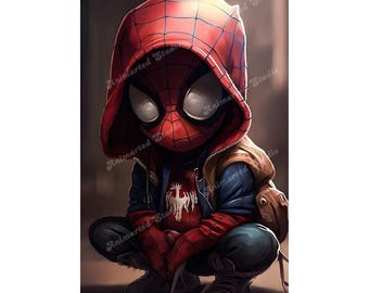 Chibi Spider Hero Art | Stedelijke straatstijl superheldposter | Stijlvolle slinger met capuchon – episch muurdecor voor Marvel-fans