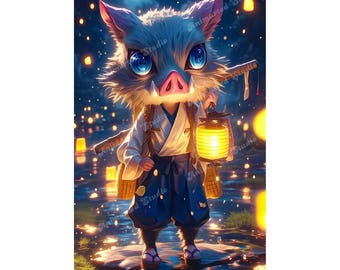 Chibi Inosuke-lantaarnposter – schattige demon Slayer-muurkunst, print anime-zwijnenkrijger, samurai-stijl Inosuke-decor voor Otaku-kamer