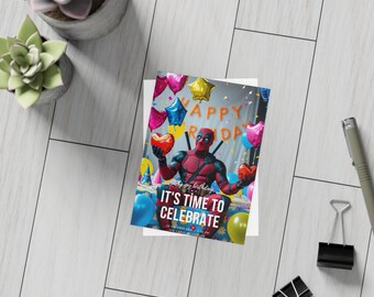Verjaardagsuitnodiging - digitale verjaardagsuitnodiging met Deadpool-thema - grappige en kleurrijke feestkaart - direct downloaden - bewerkbaar in canva