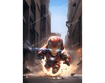 Digitale kunst Chibi Iron Warrior – heroïsche muurprint, superhelddecor boordevol actie, sci-fi-mecha-kunstwerk, instant download