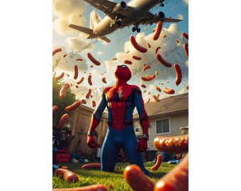 Spider-Man grappige digitale kunst | Muurafdruk superheld | Uniek Marvel-personageontwerp | Hilarische barbecuescène | JPG direct downloaden