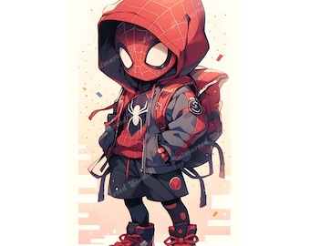 Urban Chibi Spider Hero Art | Coole superheldenposter | Schattig, op strips geïnspireerd digitaal kunstwerk: perfect wanddecoratie en cadeau voor fans