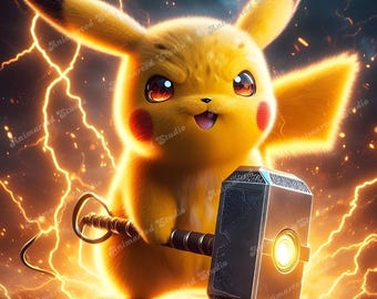Digitale kunst Thunder God Pikachu – epische cross-over bliksemkrachtillustratie – hoge resolutie 300 dpi print voor Pokémon- en fantasyfans