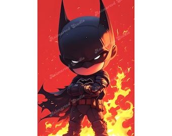 Digitale kunst Chibi Dark Knight – Leuke superheldafdruk – Gotham Vigilante-poster – Fire & Shadows Esthetic – JPG met hoge resolutie