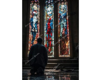 Peter Parker knielend voor Spiderman-reflectie, heilige glas-in-loodkunst, superheld ontmoet geloof digitale muurprint, instant download