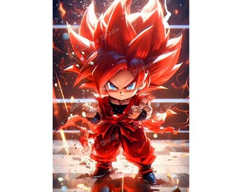 Digitale kunst Chibi Super Saiyan Warrior - Anime Power Poster - hoge resolutie 300 DPI JPG - kunst aan de muur - direct downloaden