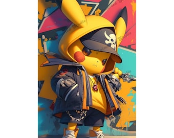 Pikachu-straatkunst | Coole digitale Pokemon-afdruk | Pikachu in stedelijke stijl | Hoogwaardige 300 DPI JPG | Direct downloaden