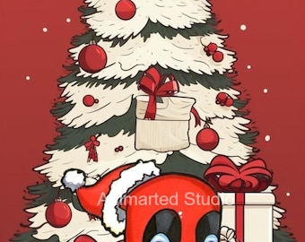 Chibi Deadpool kerst PNG, superheld vakantiedecoratie, schattige Deadpool-kunst, digitale download voor Cricut, feestelijke Deadpool-clipart