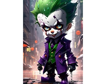 Digitale kunst Chibi Joker | Dark Villain-poster voor fans | Directe download voor decoratie thuis en op kantoor