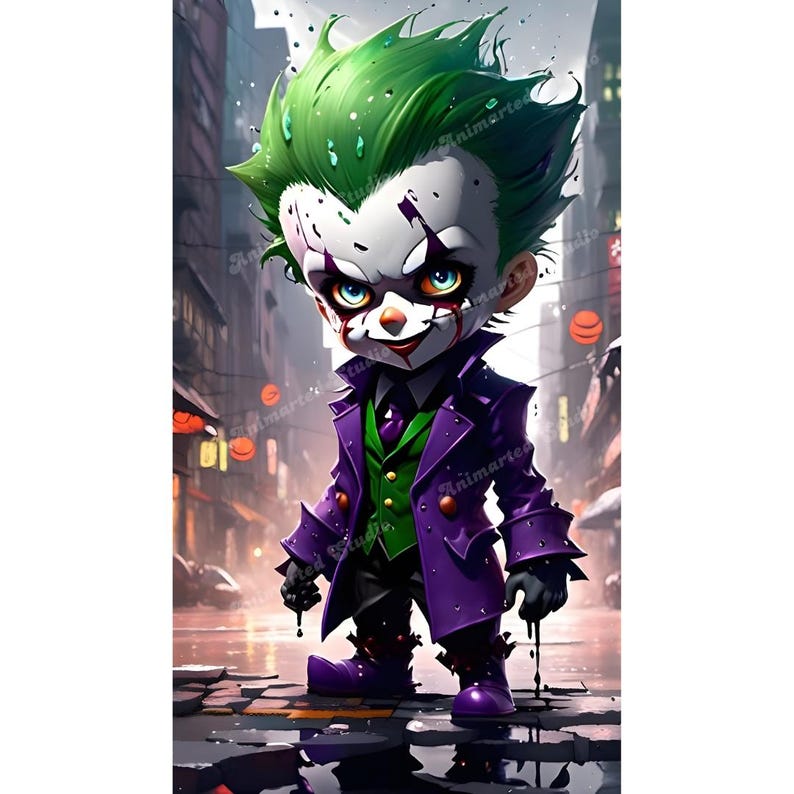 May include: A cartoon illustration of the Joker, a supervillain from the Batman comics. He is depicted as a small, green-haired child wearing a purple and green suit, with a white face featuring red and black makeup, and a sinister smile.