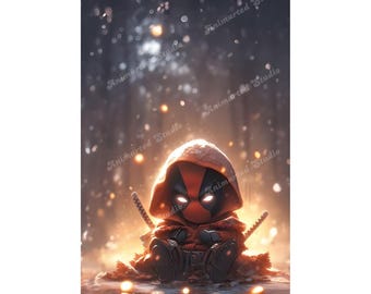 Digitale kunst Chibi Deadpool - schattige superheldposter - hoge resolutie 300 DPI JPG - direct downloaden