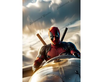 Digitale kunst Deadpool | Hoogwaardige superheldenprint | Grappige poster met Marvel-personage | Kunstwerk met luchtvaartthema | Directe JPG-download